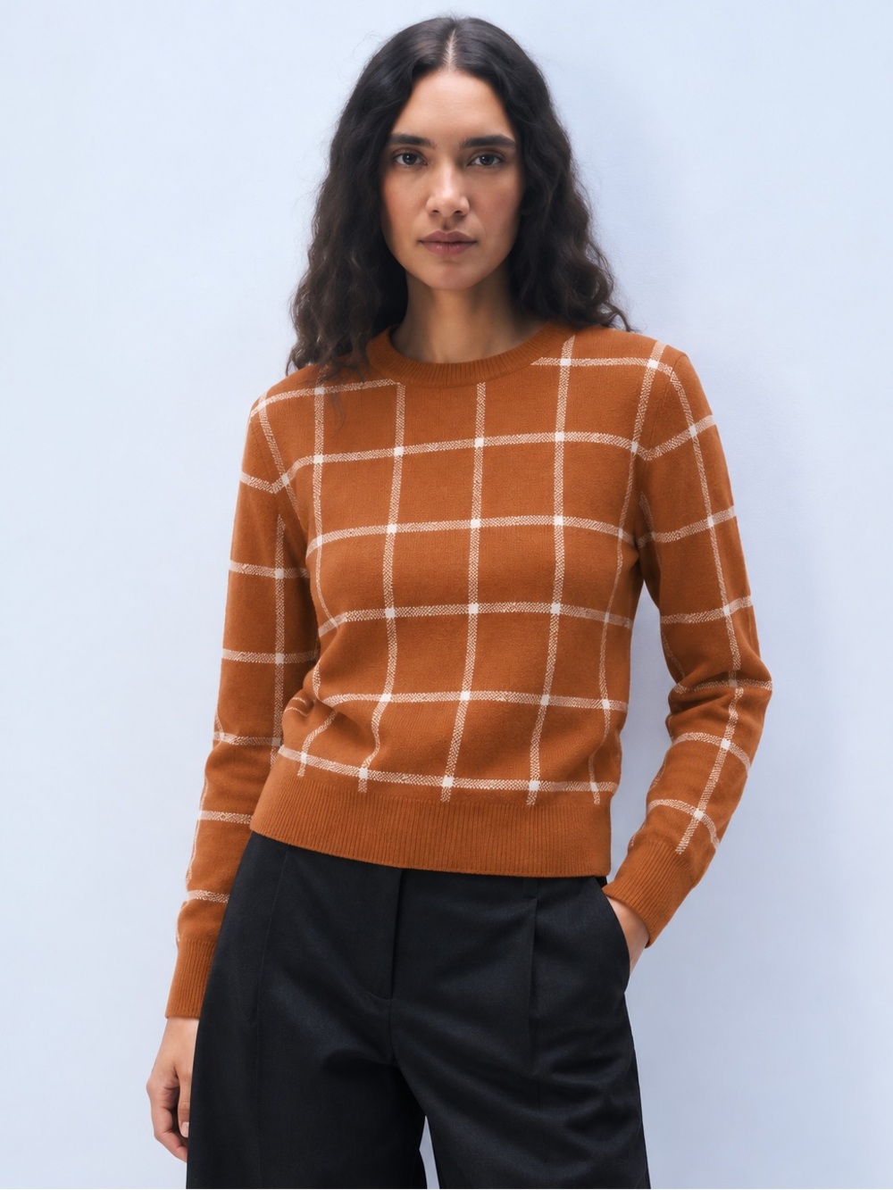 Autumn Academia Windowpane Check Sweater Preppy Heritage Knit Crewneck